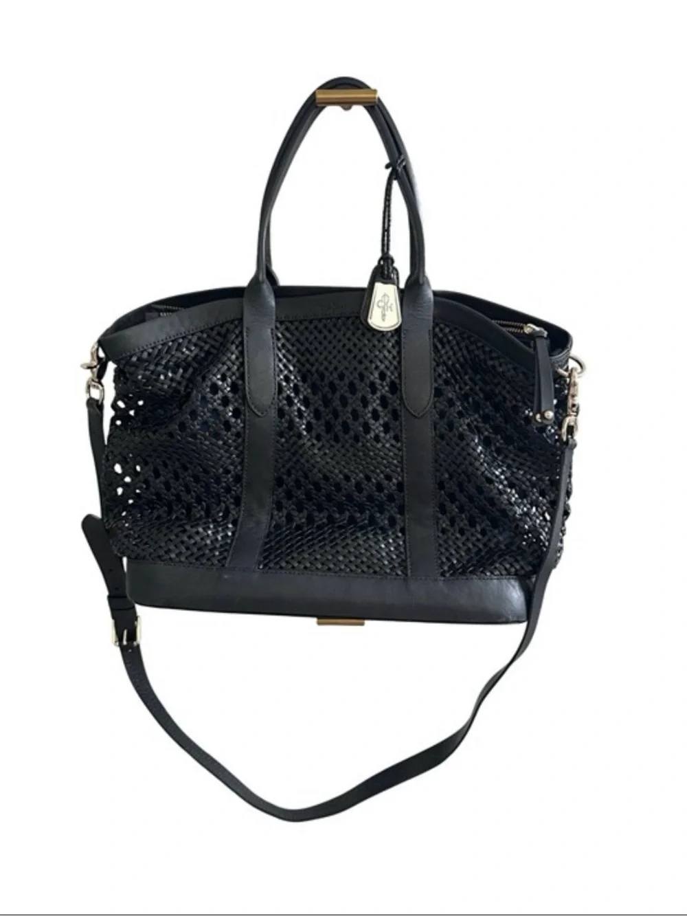 Cole Haan Black Woven Leather Tote with Shoulder Strap